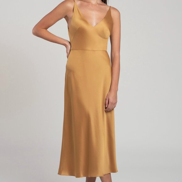 NWT Jenny Yoo Lux Satin Midi Length Marigold Bridesmaid Dress - Picture 1 of 7
